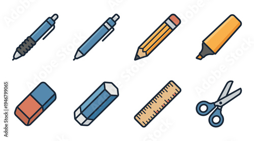 A collection of colorful flat design icons for school and office. Features stationery tools like pen, pencil, eraser, ruler, and scissors for creative projects.