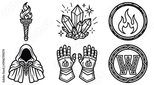 A set of black and white fantasy vector icons. Includes a torch, crystals, gauntlets, and logos. Perfect for RPGs, gaming, tattoos, or fantasy-themed branding and design.