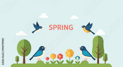 Vibrant spring scene with birds flying and standing on green grass surrounded by colorful flowers and trees under a light blue sky with clouds