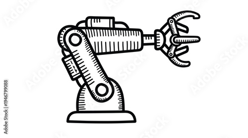 A hand-drawn robotic arm illustration. This black and white vector sketch symbolizes industry, technology, and automation. Perfect for science icons and futuristic tech designs.