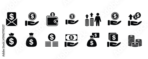 Collection of black and white money and finance icons including dollar symbols, Coins, Wallets, And hands