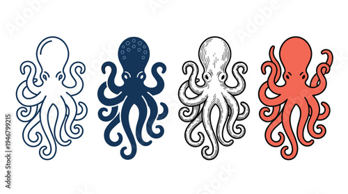 A versatile set of four octopus illustrations. Includes line art, silhouette, vintage engraving, and cartoon styles. Perfect for logos, icons, mascots, and branding.