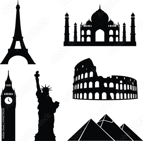 Black silhouettes of famous landmarks and monuments including Eiffel Tower, Taj Mahal, Big Ben