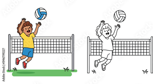 Cute little boy jumping to play volleyball. Colorful cartoon vector illustration and black and white line art outline for kids coloring book page.