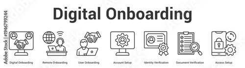 Digital Onboarding web banner icon set vector illustration concept for business with icon of Digital Onboarding, Remote Onboarding, User Onboarding, Account Setup, Identity Verification, Docum.