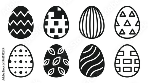 A set of eight black Easter egg icons with modern geometric and nature patterns. Minimalist vector symbols for holiday design, spring celebration, and festive decoration.