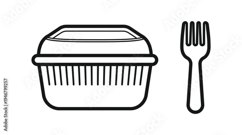 A simple black line art icon of a disposable takeout food container with a fork. Minimalist vector illustration for delivery, lunch, and takeaway service concepts.