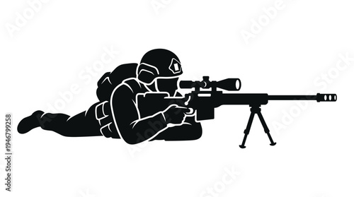 Minimalist black vector silhouette of a military sniper aiming a rifle with a scope. Symbol of army, war, special forces, and precision shooting.