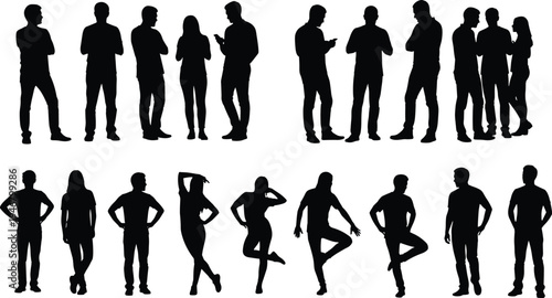 Collection of people silhouettes standing talking using smartphone and posing men women human figures isolated vector illustration set