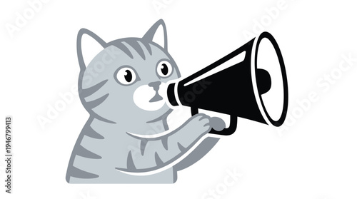 A cute grey tabby cat character shouts into a megaphone. An isolated vector illustration for announcements, marketing, protests, or broadcasting important news.