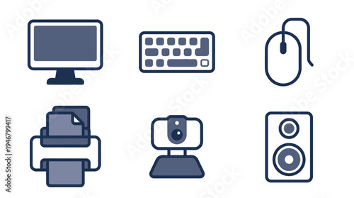 Set of computer peripherals icons. Modern flat design illustration of monitor, keyboard, mouse, printer, webcam, speaker. For web design, infographics, business, technology.