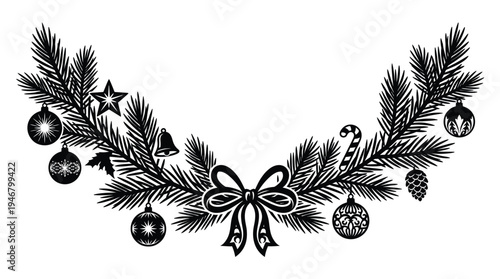 Elegant black silhouette of a Christmas garland with fir branches, festive ornaments, and a central bow. Ideal vector for holiday cards and winter decor.