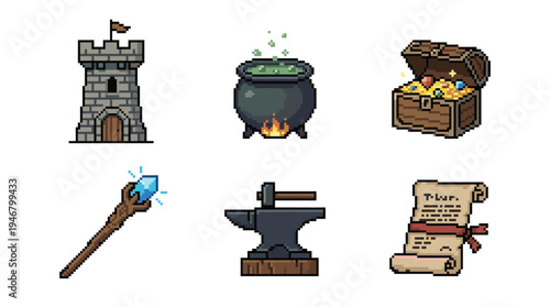 A set of pixel art icons for a fantasy RPG video game. Includes a castle, cauldron, treasure chest, magic staff, anvil, and scroll. Retro 8-bit style vector illustration.