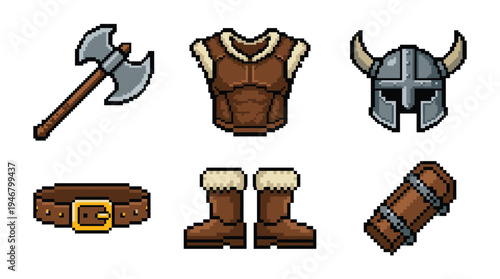 A pixel art set of Viking barbarian armor and weapon assets. Includes helmet, axe, and boots. Perfect for retro RPG video game design or fantasy projects. Vector.