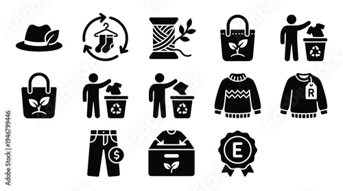 A set of black glyph icons for sustainable and ethical fashion concepts. Includes symbols for recycling clothes, eco-friendly materials, and conscious consumerism. Vector illustration.