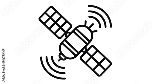 A minimal satellite line icon representing global communication, network signals, and space technology. Perfect for GPS, broadcast, or data transfer concepts in web and app design.
