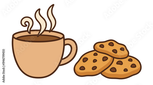 A cozy cartoon illustration of a steaming hot coffee cup and sweet chocolate chip cookies. Perfect for cafe menus, bakery branding, food blogs, or a sweet treat concept.