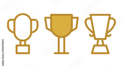 Set of three gold trophy cup icons symbolizing success, victory, and achievement. Perfect vector for web design, apps, and celebrating first place awards in any competition.