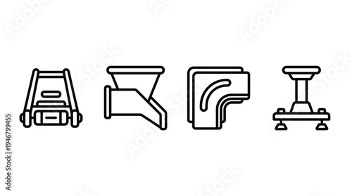 A set of four linear icons representing various tools and equipment. Includes a lawnmower, grinder, and stool. Perfect for web design, apps, and technical illustration.