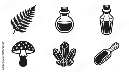 A set of magical witchcraft vector icons. Includes fern, potion, crystal, mushroom, and scoop. Perfect for mystical branding, esoteric design, fantasy games, or alchemy themes.