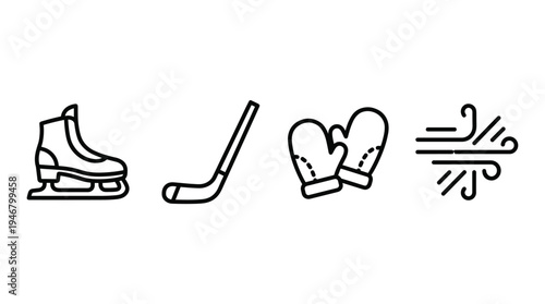 A set of minimalist line icons for winter sports and cold weather themes. Includes ice skate, hockey stick, mittens, and wind symbol. Perfect for vector graphics and app UI.