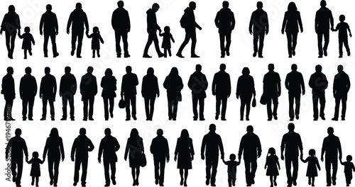 Collection of people silhouettes walking adults and parents with children family figures isolated black human vector illustration set