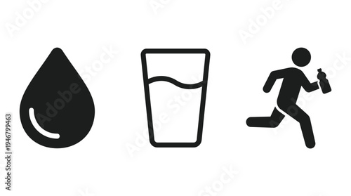 Set of black minimalist icons for hydration and fitness. Includes a water drop, glass, and running person. Perfect for health, sport, and wellness concepts. Vector illustration.