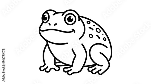 A simple black and white line art illustration of a cute, smiling cartoon frog. Perfect for coloring books, logos, icons, and educational materials for children.