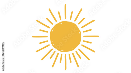 A simple, cute hand-drawn sun icon. This yellow doodle sketch is perfect for summer designs, children's illustrations, weather apps, and positive, happy branding.