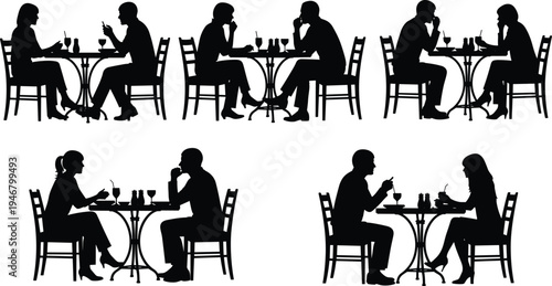 Collection of romantic couple dining silhouettes at restaurant table, people talking, dating scene, cafe conversation, social interaction vector style illustration