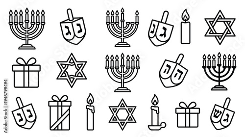 A set of Hanukkah icons for the Jewish holiday. Features menorah, dreidel, and Star of David. Perfect for festive web design, greeting cards, and holiday celebration decor.