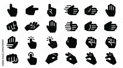 A versatile set of black vector hand gesture icons. Includes pointing, clicking, swiping and grabbing signs for UI design, web, and communication concepts. Minimalist and modern.