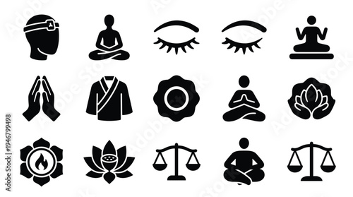 A set of black solid icons for meditation, yoga, and spiritual themes. Symbols of balance, peace, and mindfulness for wellness design, apps, and websites.