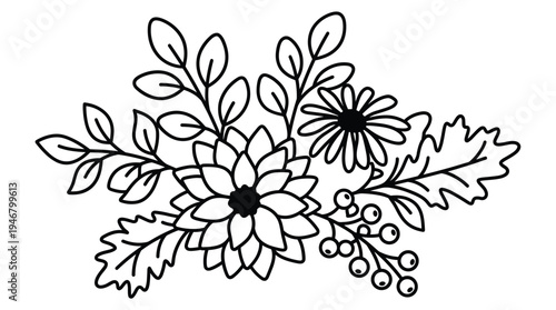 A charming minimalist black outline vector illustration featuring a botanical arrangement of flowers, leaves, and berries. Ideal for autumn designs, invitations, or craft projects.