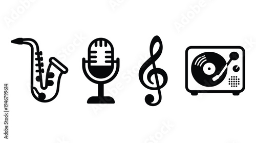 A set of four black music icons: saxophone, vintage microphone, treble clef, and record player. Perfect for web design, logos, apps, and music-related graphic projects.