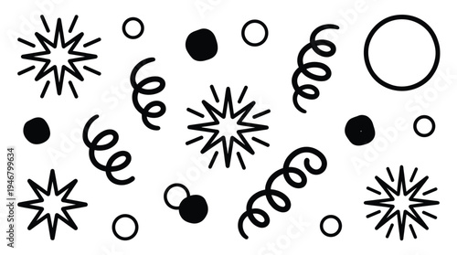 A set of hand-drawn celebration doodles. Black and white minimalist vector graphics of confetti, streamers, and fireworks for festive party designs, invitations, and decorations.