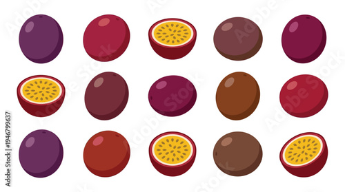 A colorful set of whole and halved passion fruit illustrations. This fresh, tropical maracuja collection is perfect for food packaging, healthy recipes, and vibrant designs.