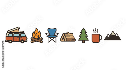 A set of colorful vector icons for camping, hiking, and outdoor adventure. Includes a camper van, campfire, chair, wood, tree, mug, and mountain. Perfect for travel blogs or logos.
