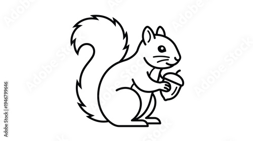A simple and cute line art illustration of a squirrel holding an acorn. Minimalist black outline design perfect for a logo, icon, or children's branding. Friendly vector graphic.