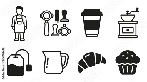 Set of black coffee shop icons including barista, coffee tools, tea, and pastry. Minimalist vector symbols for cafe menu, website, or app design. Perfect for food and beverage.