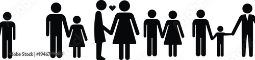 Family icon set silhouettes parents children couple love relationship holding hands simple human figures black vector illustration
