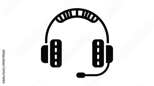 Black headset icon with a microphone for communication. A minimal vector graphic for customer service, technical support, telemarketing, online gaming, and podcasts.
