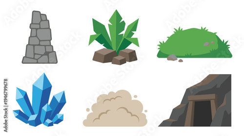 A set of flat vector game assets. Includes a stone pillar, plant, grass, crystal, dust cloud, and mine entrance. Perfect for fantasy or adventure video game design.