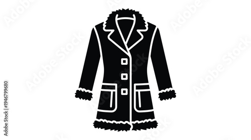 A black glyph icon of a stylish women's winter coat with fur trim. This vector illustration is perfect for fashion, retail, weather apps, and seasonal design projects.