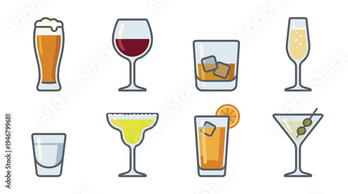A set of popular alcoholic drinks and cocktails icons. Includes beer, wine, whiskey, and martini. A flat vector illustration perfect for bar menus or party invitation designs.