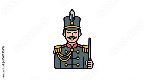 Vector icon of a historical military officer in a formal uniform with a plumed hat. Symbol of history, authority, and tradition. Perfect for games, apps, and educational design.