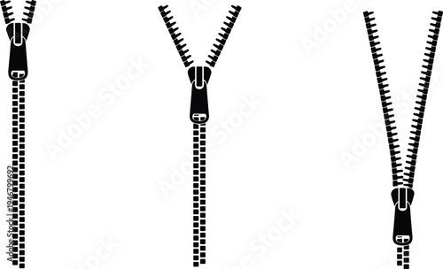 Set of black zipper silhouettes in various open and closed positions, clothing accessories vector illustration for design