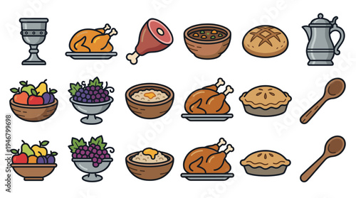 Cartoon vector icons of medieval feast items like roasted chicken, bread, fruits, and drinks. Ideal for games, historical themes, or food-related designs. Whimsical and inviting.