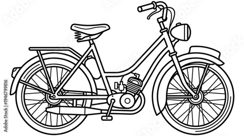 Clean vector outline of a classic retro moped. Ideal for nostalgic designs, illustrations, icons, coloring pages, or vintage transport themes. Simple, versatile line art.