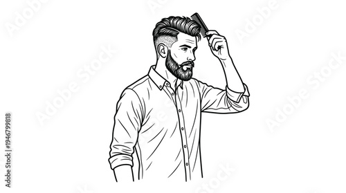 Black and white vector illustration of a handsome bearded man styling his hair with a comb. Perfect for a barbershop logo, men's grooming products, or fashion branding.